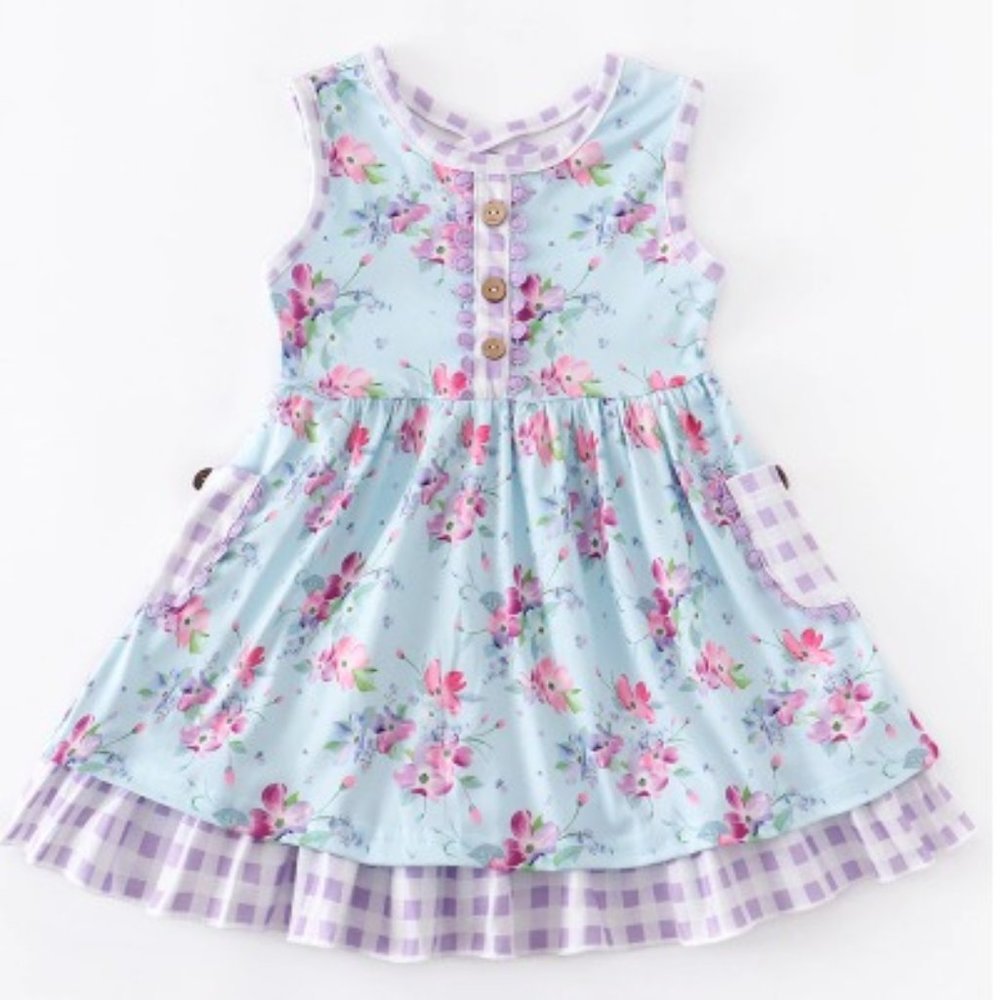 Boutique Girls Blue Floral Sleeveless Ruffle Dress